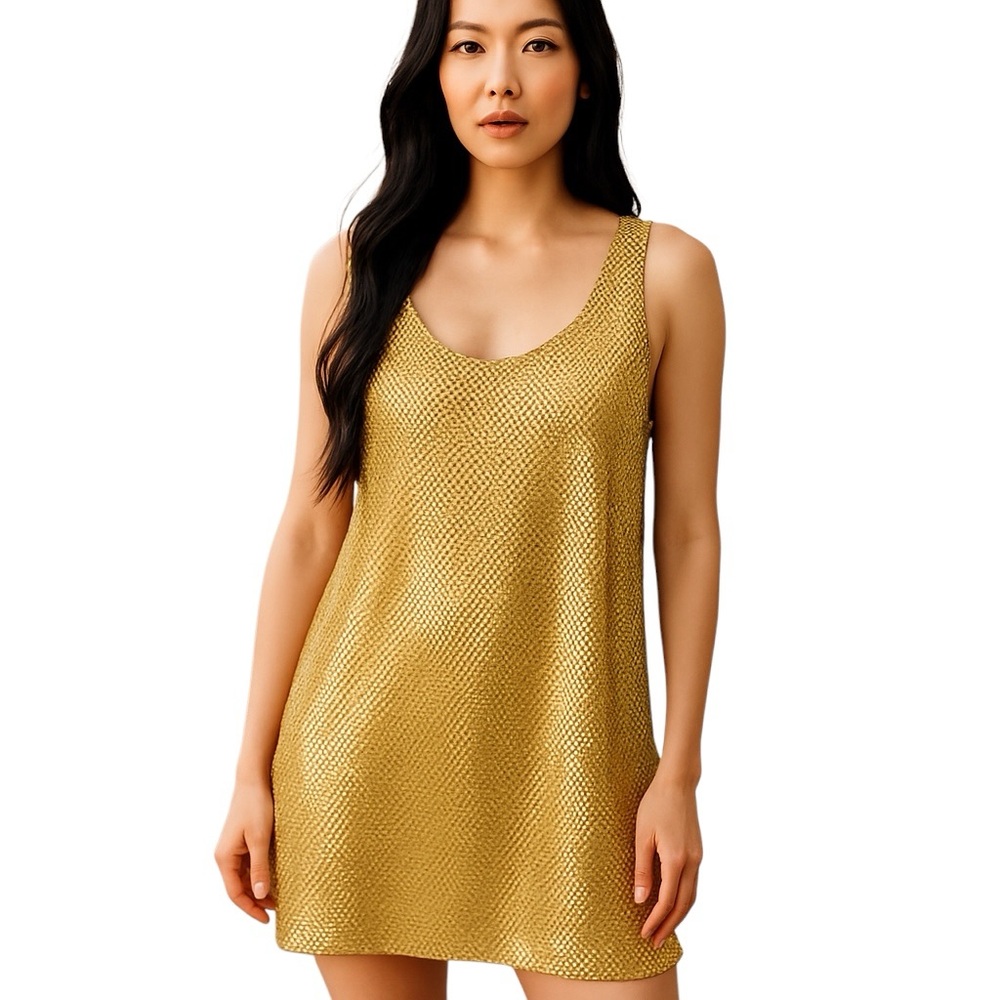 BETSEY JOHNSON Gold Sleeveless Mini Dress Shimmer Shiny Party Dress S-M‎ size